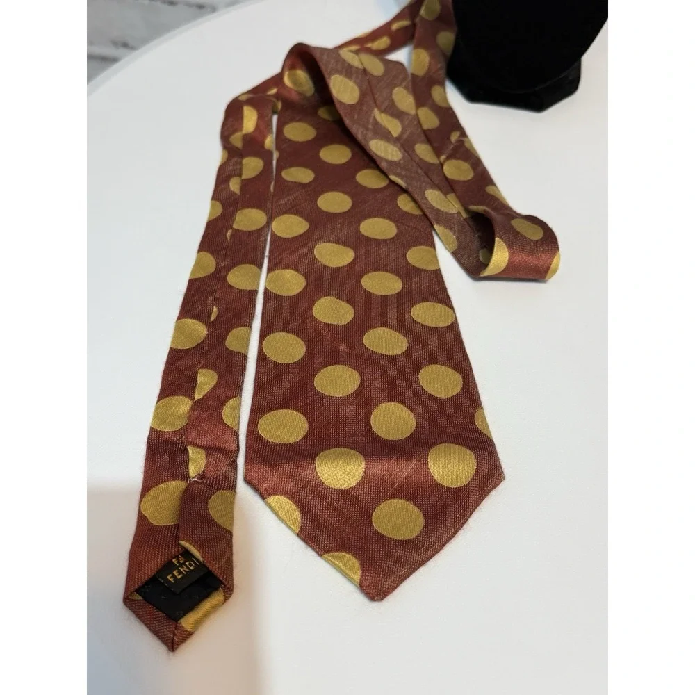 Vintage Fendi Cravatte Silk Necktie Brown Gold Polka Dot Made In Italy Tie